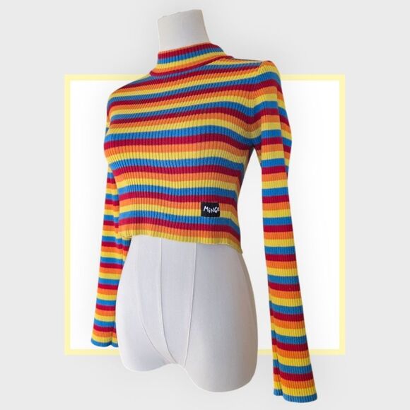Minga London Rainbow Mock Neck Striped Ribbed Cropped Sweater - Picture 2 of 8